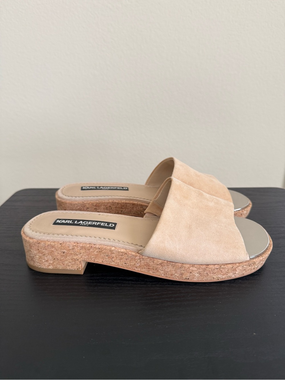 Karl Lagerfeld Nude Suede Cork Slide Mules with Silver Toe Cap